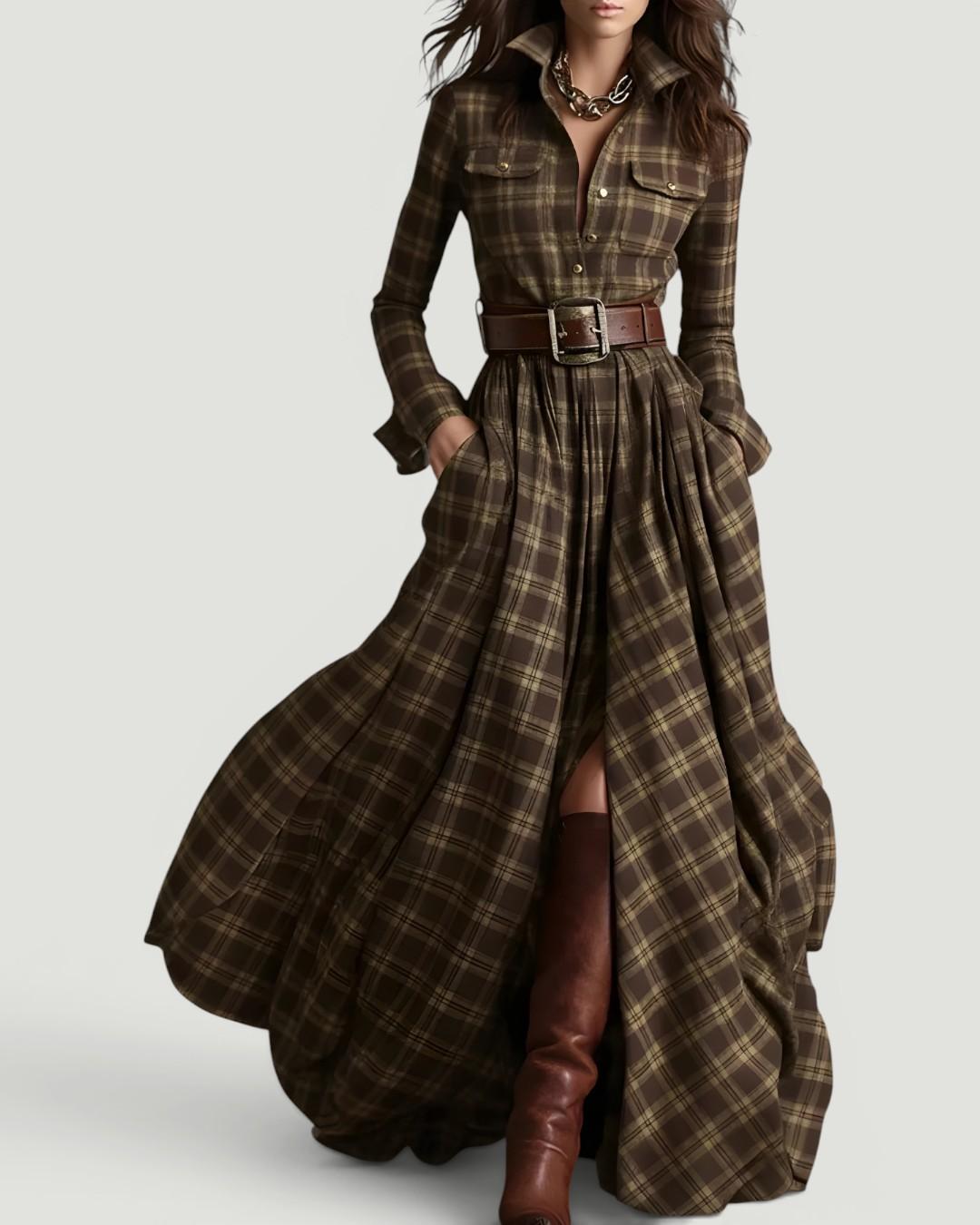 Elara™ Plaid Button-Front Maxi Dress