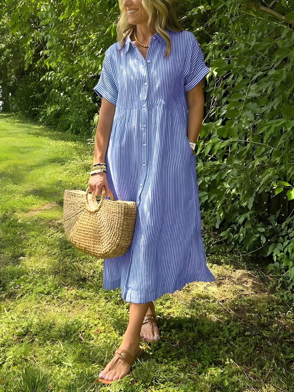 Marina™ Elegant Striped Maxi Shirt Dress with Pockets