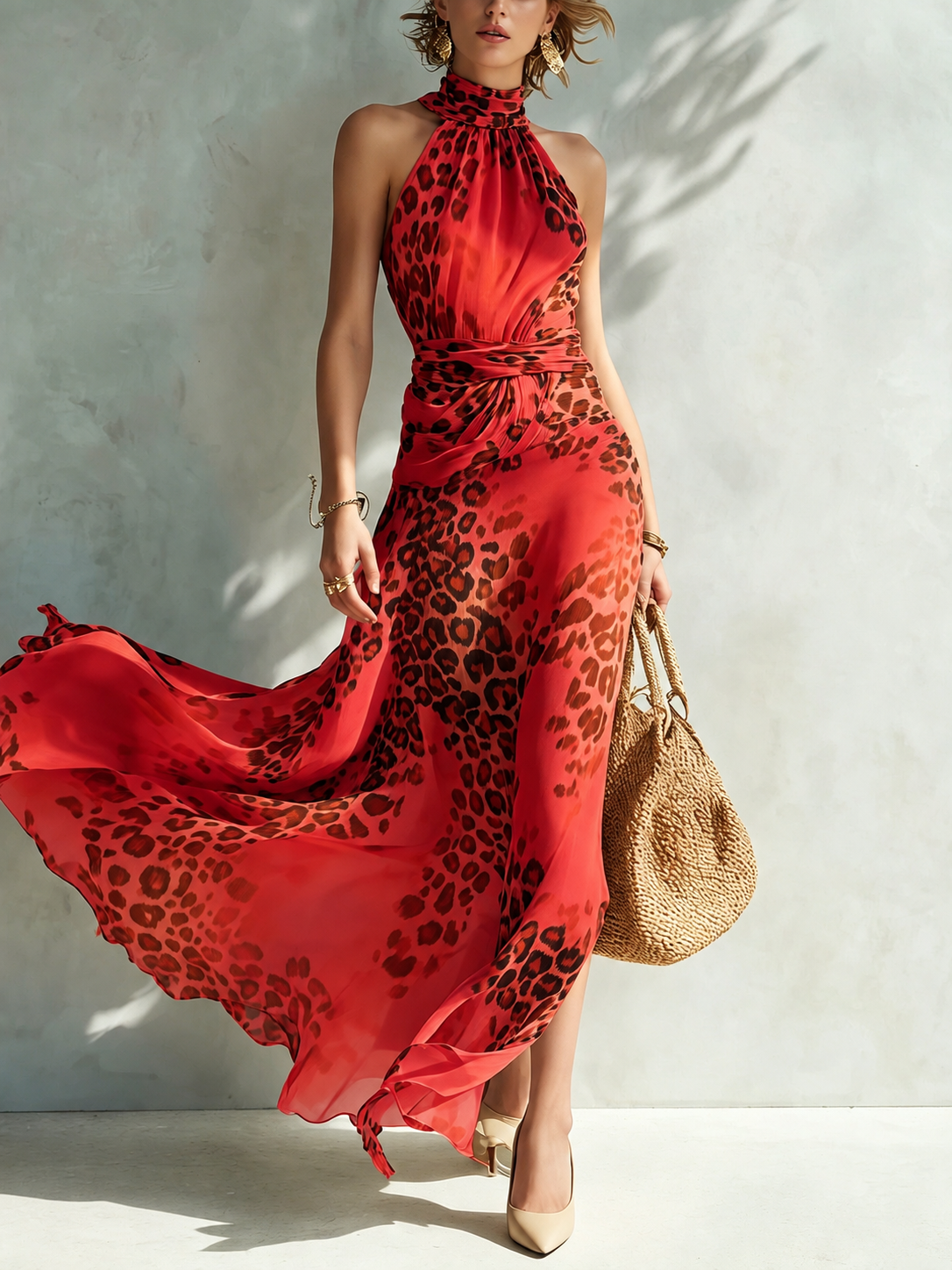 Theia™ Leopard Breeze Halter Maxi Dress