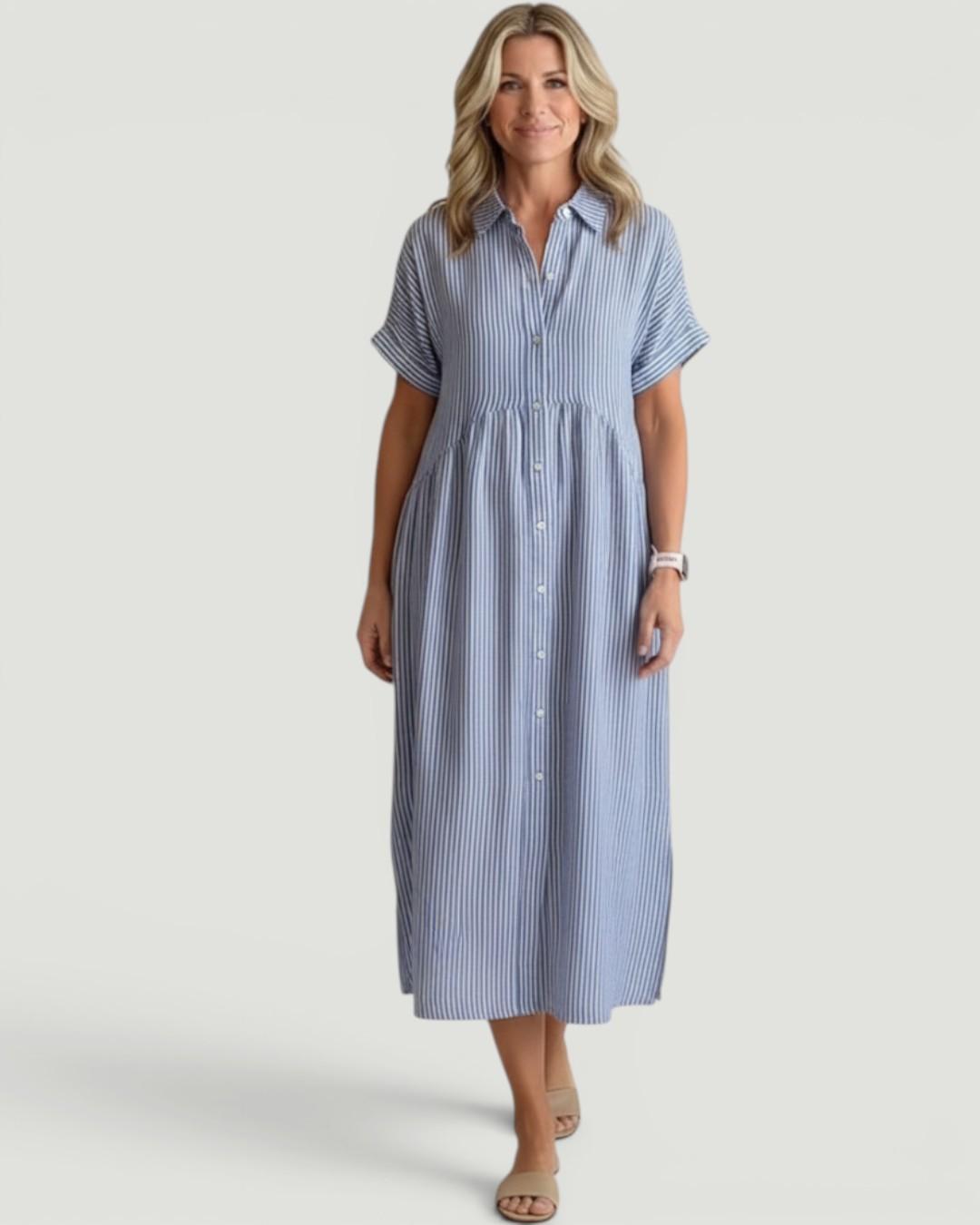 Marina™ Elegant Striped Maxi Shirt Dress with Pockets