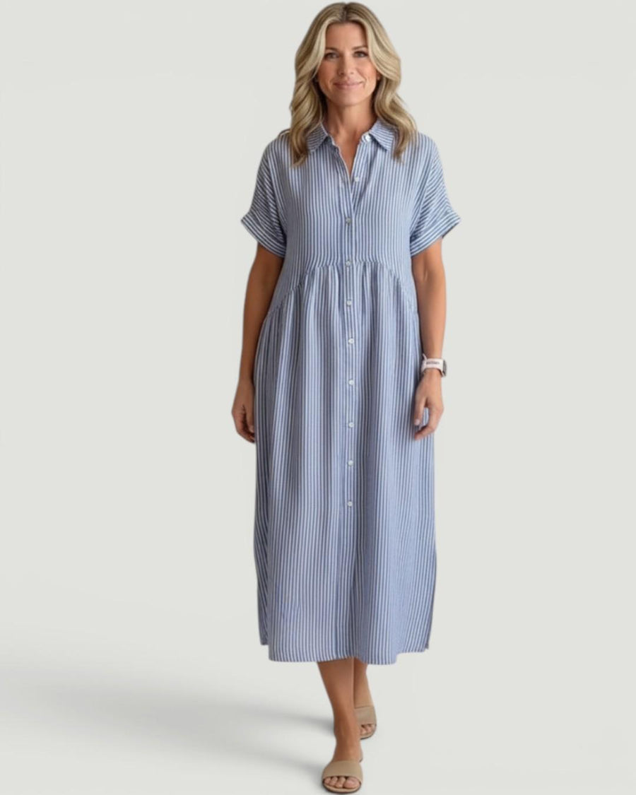 Marina™ Elegant Striped Maxi Shirt Dress with Pockets