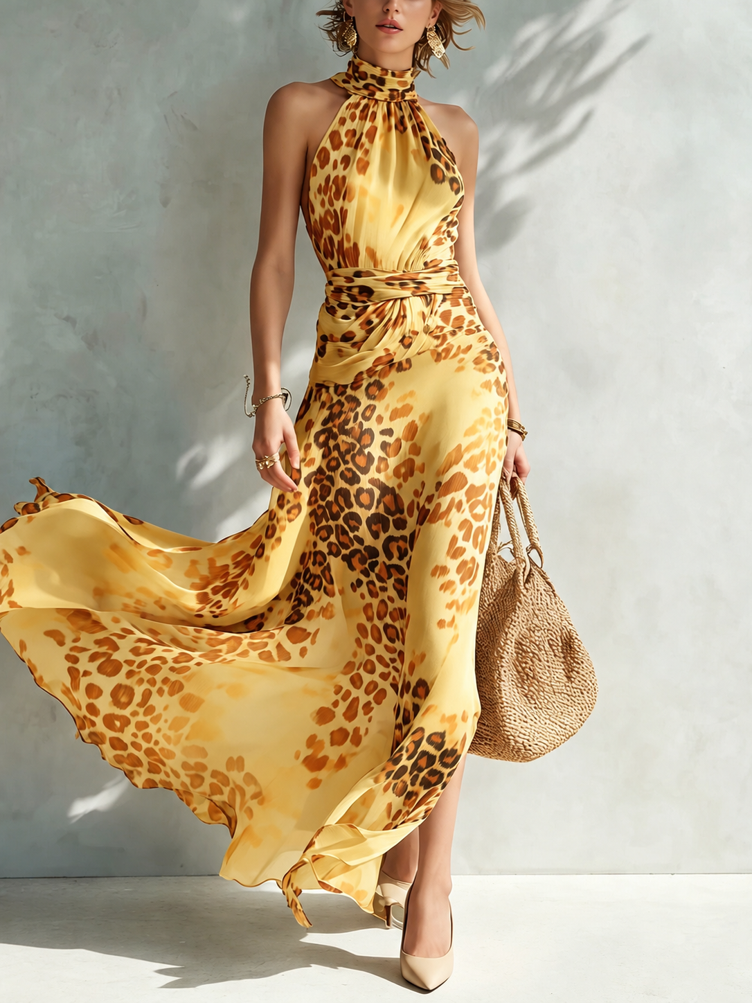 Theia™ Leopard Breeze Halter Maxi Dress