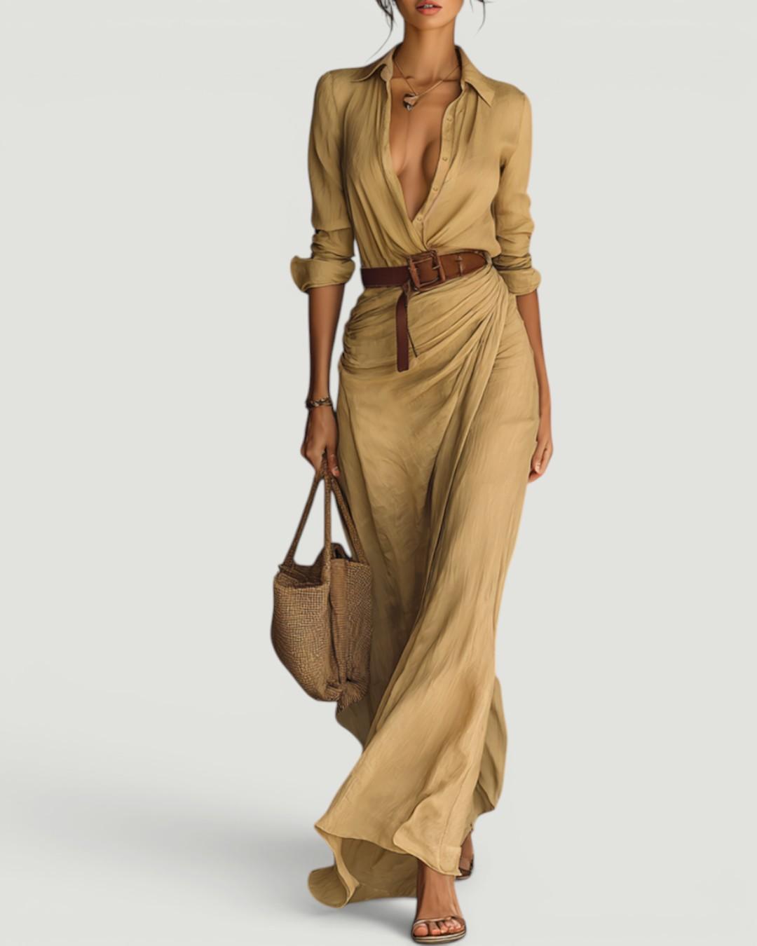 Mallory™ Long Maxi Dress with Lapel Collar & Belt