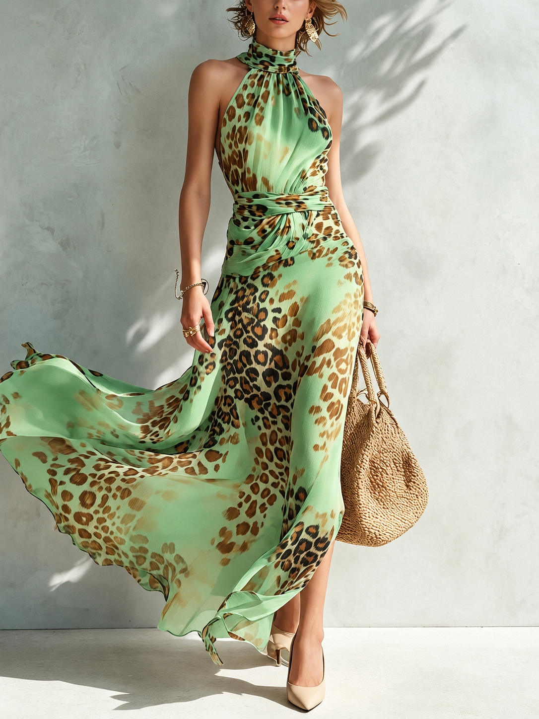 Theia™ Leopard Breeze Halter Maxi Dress