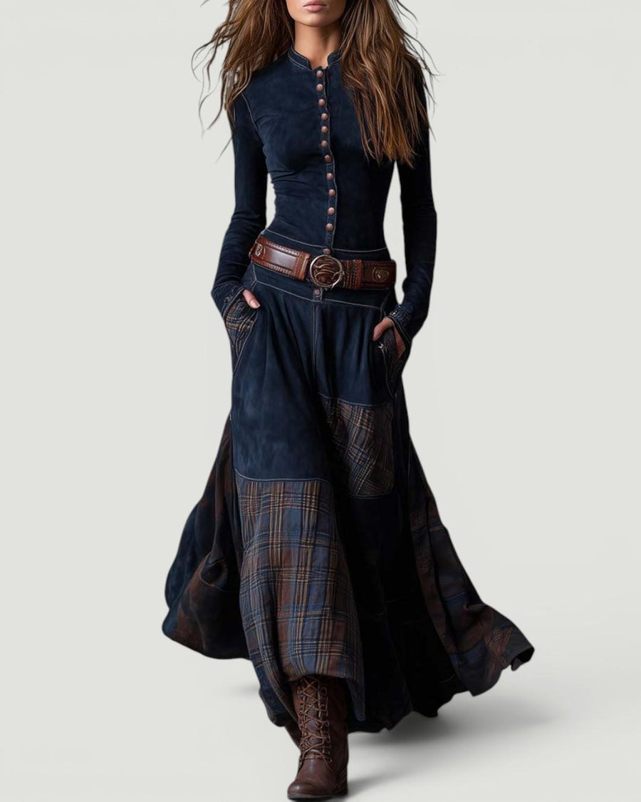 Natasha™ Vintage Plaid Suede Maxi Dress