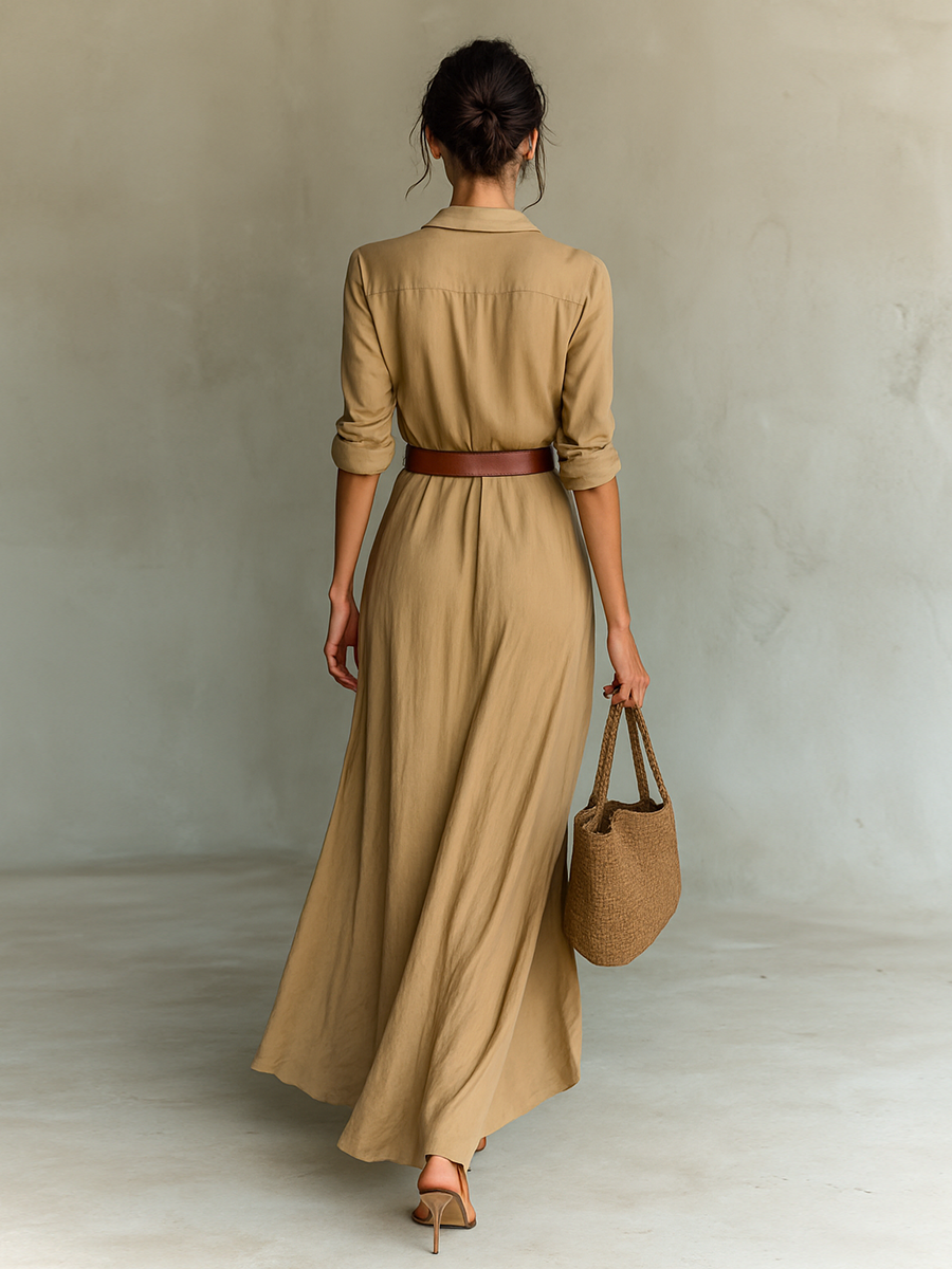 Mallory™ Long Maxi Dress with Lapel Collar & Belt